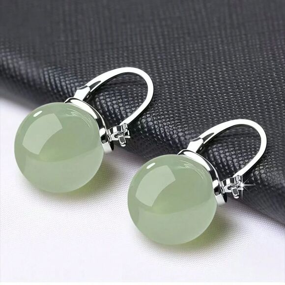 Round Green Jade Ball Drop Earrings Silver Secure Clasp Classic Stylish Fashion - Picture 3 of 7